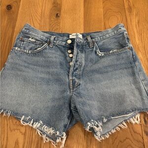 Agolde Blue Jean Shorts with Frayed Hem and Vintage Wash